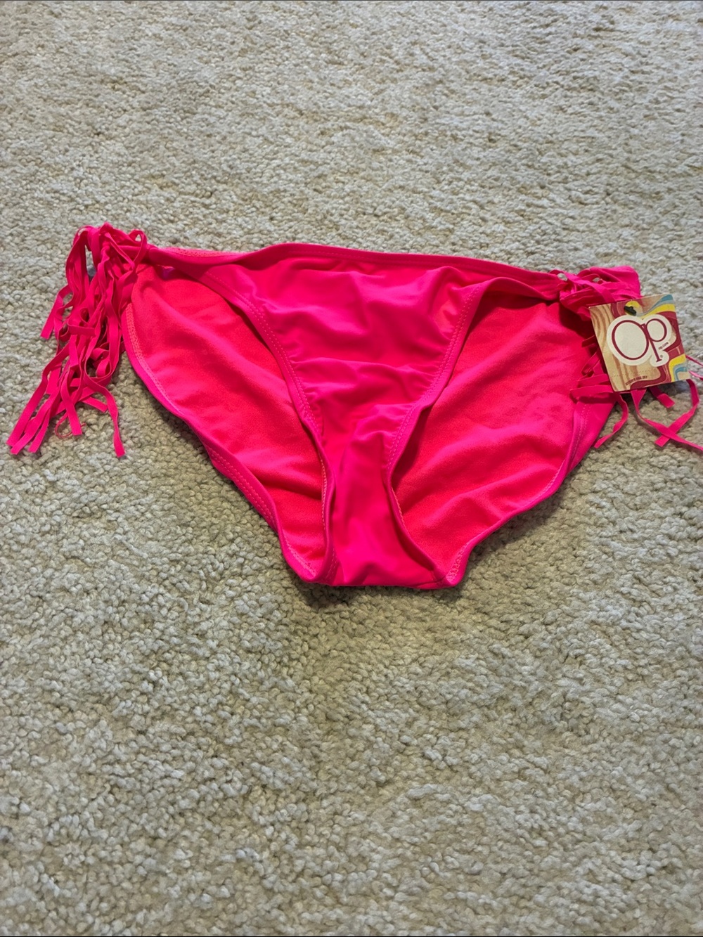 OP Neon Hot Pink Fringe Tie-Side Bikini Bottom